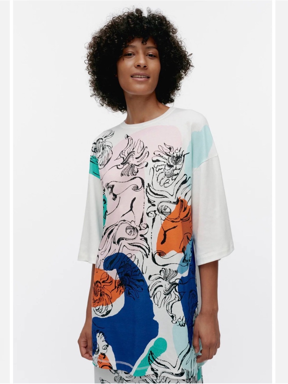 Marimekko Petran Blombom Placement Tunic T-Shirt - Size XS Oversized